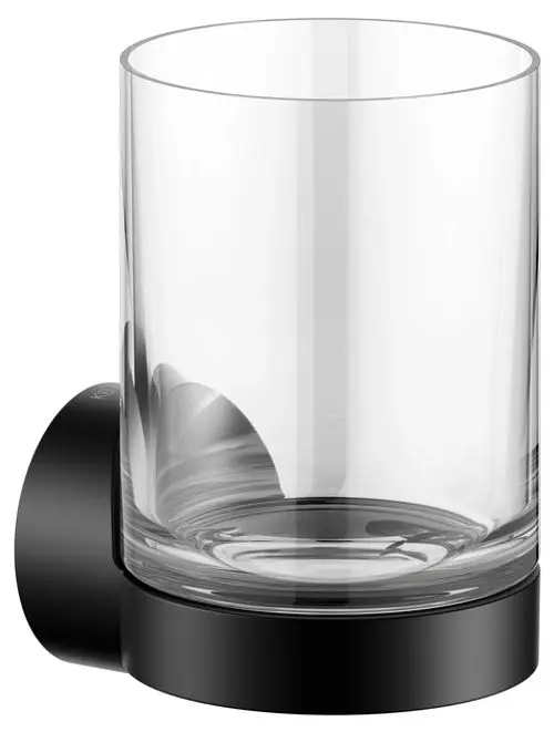 Glashalter von Keuco mit glasklarem Behälter und schwarzem, matter Basis. Der Halter ist an der Wand montiert und bietet Platz für ein Trinkglas.